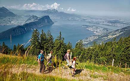 Gruppe von Wanderern mit Blick auf einen See und Berge.