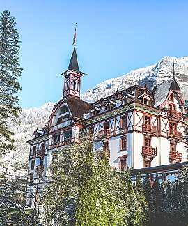 Snow-covered historic hotel