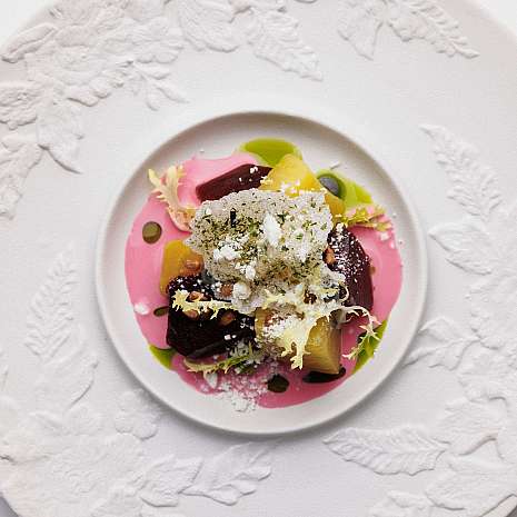 An artistically arranged dish with colourful vegetables and herbs.