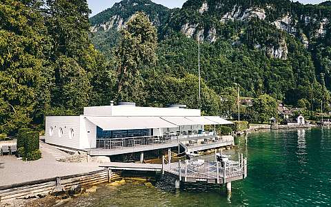 Beautiful lakeside terrace in summer