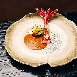 Ein kunstvoll angerichteter Teller mit Garnelen und Sauce.