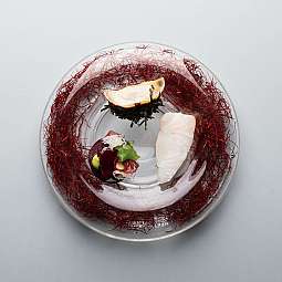 Elegantes Gericht mit Fisch, Algen und Gemüse auf klarem Teller.