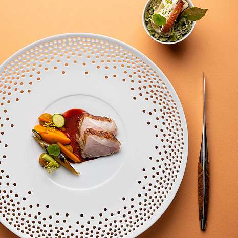 Ein kunstvoll angerichtetes Gericht mit Fleisch und Gemüse.